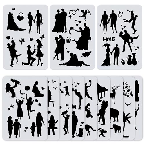 12 Pcs Large Silhouette Stencils for Painting on Wood and Canvas - Full-Size 11.6 x 8.2 in People, Couple and Family Drawing Templates with Figures and Reusable Designs for Wall Art and DIY Crafts