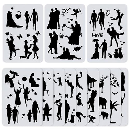 12 Pcs Large Silhouette Stencils for Painting on Wood and Canvas - Full-Size 11.6 x 8.2 in People, Couple and Family Drawing Templates with Figures and Reusable Designs for Wall Art and DIY Crafts