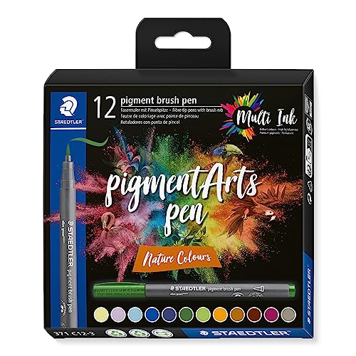 STAEDTLER Pigment Arts Multi Ink Brush Pen, 12 Count: Nature Colors, Fiber-Tip Pens with Brush Nib, Permanent, Waterproof, No Bleed Pens for Journaling, Coloring, Hand Lettering, Mixed Media Art - color: Nature Colors