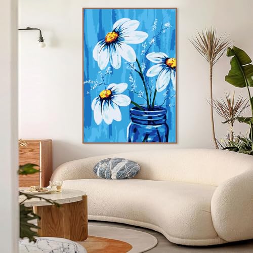 Mowana Daisy Paint by Numbers Kit for Adults Beginner with Wooden Frame and Easel Easy Acrylic on Canvas Flower Paint by Number Kits 8x12 inch with Paints and Brushes - color: Small Flower