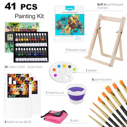 Acrylic Art Set, 41 PCS Painting Kit, Acrylic Paint Set for Kids, Painting Supplies with 24 Acrylic Paints, 1 Wooden Easel , 4 Canvas Panels, 8 Paint Brushes, Drawing Pad, Art Supplies for Kids Adults