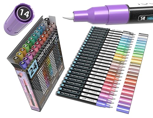 24 Metallic Acrylic Paint Markers Paint Pens Set 0.7mm Extra Fine Tip For Rock Painting, Glass, Mugs, Wood, Metal, Canvas, DIY Projects, Outlining, Detailing. Non Toxic, Waterbased, Quick Drying - color: METALLIC XF