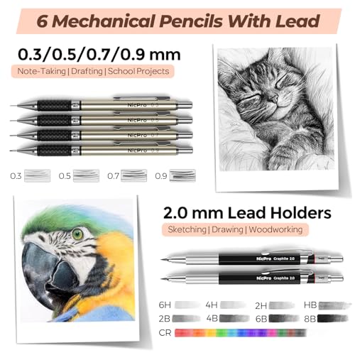 Nicpro 58 PCS Art Drawing Supplies Kit in Leather Case, Art Mechanical Pencil Set with Metal Drafting Pencil 0.3 & 0.5 & 0.7 & 0.9 & 2mm, 12 Micron Pen, Sketch Book, 30 Tube Lead Refills for Sketching