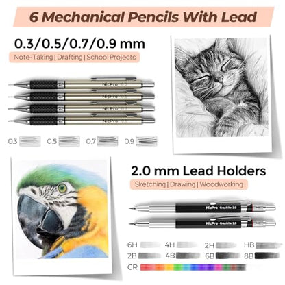 Nicpro 58 PCS Art Drawing Supplies Kit in Leather Case, Art Mechanical Pencil Set with Metal Drafting Pencil 0.3 & 0.5 & 0.7 & 0.9 & 2mm, 12 Micron Pen, Sketch Book, 30 Tube Lead Refills for Sketching