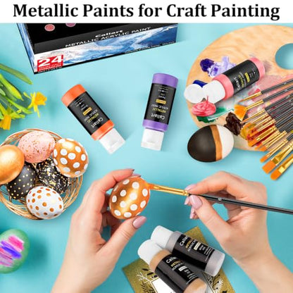 Caliart 24 Metallic Acrylic Paint Set with 12 Brushes | Craft Painting kit for Adults Artists Beginners, Rich Pigment Non-toxic, Canvas Wood Rock Pumpkin Ceramic Art Supplies Paint - color: Metallic, size: 2 Fl Oz (Pack of 24)