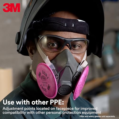 3M Half Facepiece Reusable Respirator 6300, NIOSH, Four-Point Harness, Comfortable Fit, Dual Airline Supplied Air Compatible, Bayonet Connections, Painting, Sanding, Cleaning, Large - style: Large
