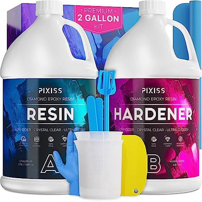 Pixiss Epoxy Resin Kit 2 Gallon – Crystal Clear Art Resin & Hardener with Gloves, Spreader, Silicone Mixing Sticks & Accessories – Self-Leveling, High-Gloss Resin for Crafts, Tumblers