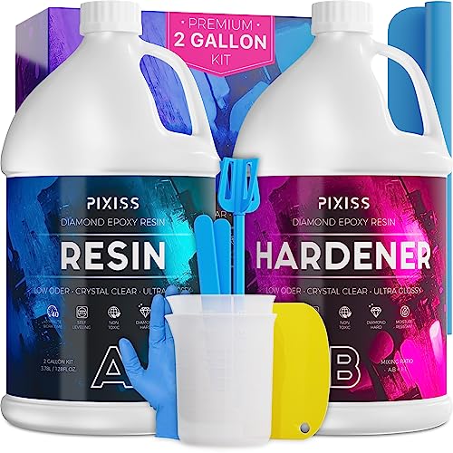 Pixiss Epoxy Resin Kit 2 Gallon – Crystal Clear Art Resin & Hardener with Gloves, Spreader, Silicone Mixing Sticks & Accessories – Self-Leveling, High-Gloss Resin for Crafts, Tumblers