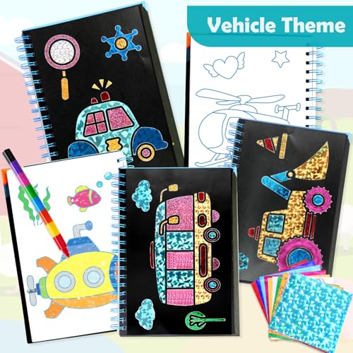 FUNNYB&G Foil Art Craft Kit for Boys 4-10 Years Old: Mess-Free & No-Glue, Create 16 Sparkly Vehicle Pictures – Perfect Travel Toy & Birthday Gift for Kids (Vehicle) - style: Vehicle