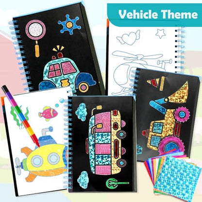 FUNNYB&G Foil Art Craft Kit for Boys 4-10 Years Old: Mess-Free & No-Glue, Create 16 Sparkly Vehicle Pictures – Perfect Travel Toy & Birthday Gift for Kids (Vehicle) - style: Vehicle