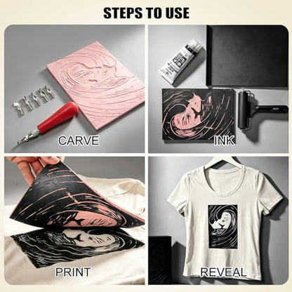 Bobblebro Linocut Kit for Printmaking - Fabric Block Printing Kit with 2.6 oz Fabric Ink for Fabric and Paper, Stamp Making Kit & Carving Tools - Arts and Crafts for Adults - DIY Back to School Gift - color: Beige-linocut kit