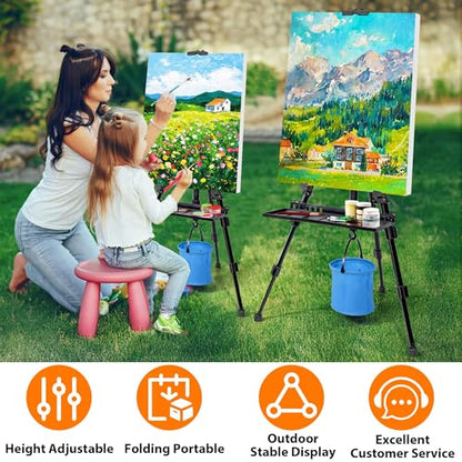 Easel Stand for Painting Artist Easel Stand Adjustable Height 20" to 61" Metal Tripod Art Easels Stand for Painting Canvases Tabletop Floor Art Easel Stand with Tray, Bag, Folding Keg, Black