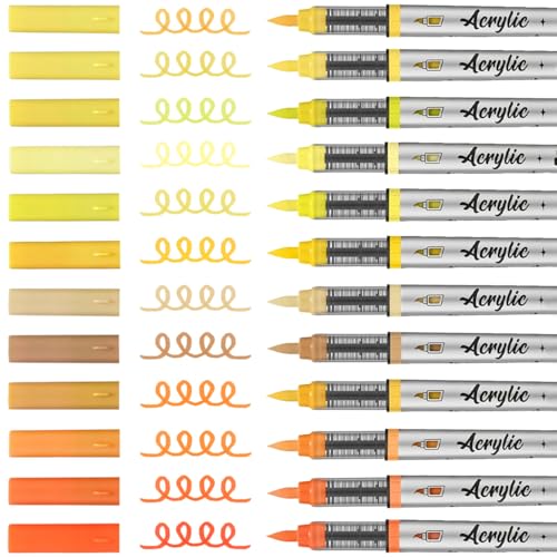 Mifuner Acrylic Paint Pens Set,12Colors Soft Brush Tip Acrylic Paint Markers, Direct-Liquid Ink System,Colored Marker Pen for Rocks,Wood,Ceramic,Canvas, Eggs DIY Painting Art Supplies.Yellow - color: 12pcs-Yellow