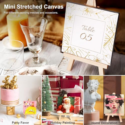 AUREUO Mini Canvas and Easel Set - 4x4 Inch/ 12 Pack - 2/5 Inch Profile Small Square Canvas with Display Stand - Art Gift Set Bulk Pack Canvases for Acrylic Painting & Craft - size: 4"x4" with Easel