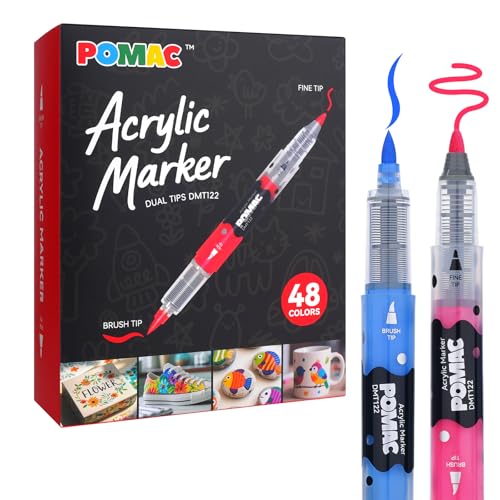 POMAC Dual Tip Acrylic Paint Markers Pens 48 Assorted Colors, Direct Liquid Acrylic Marker with Brush & Fine Tip, Water-Based Paint Marker for Fabric, Canvas, Rock, Glass, Wood, Crafts, Art Supplies - color: 48 Colors