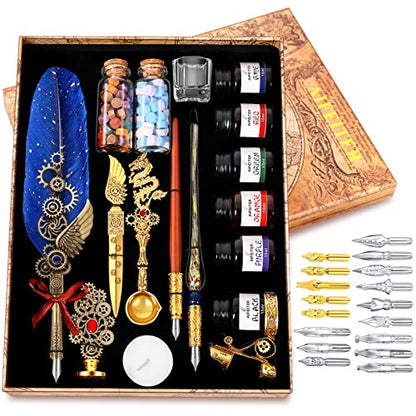 Aifeiter Quill Pen Ink Set-Feather Calligraphy Pen and Set,includes 6 Bottles of,Quill Pen,Glass Dipping Pen,Wooden Dipping Pen,17 nibs,8 Sheets of Writing Paper,Envelope,Spoon-blue - color: Blue