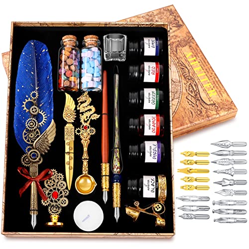 Aifeiter Quill Pen Ink Set-Feather Calligraphy Pen and Set,includes 6 Bottles of,Quill Pen,Glass Dipping Pen,Wooden Dipping Pen,17 nibs,8 Sheets of Writing Paper,Envelope,Spoon-blue - color: Blue