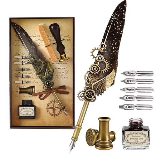 Joyeee Grey Feather Quill Pen Set, with Dip Pen Ink, Pen Nib Base, Replacement Stainless Steel Nibs, Sealing Wax Stamp Kit for Calligraphy Practice, Drawing & Signatures, Best Gifts for Women Men - color: Grey Feather Pen Set
