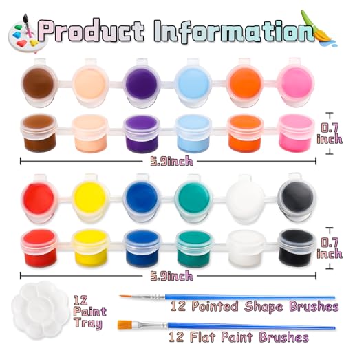 Yihurlm 24 Pack Mini Acrylic Paint Set,12 Colors Acrylic Paint Strips for Kids & Adults, Washable Paint Set with 24 Flat Brushes, 24 Pointed Brushes, Kids Paint Set for Class Painting Artistic Crafts