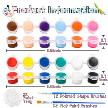 Yihurlm 24 Pack Mini Acrylic Paint Set,12 Colors Acrylic Paint Strips for Kids & Adults, Washable Paint Set with 24 Flat Brushes, 24 Pointed Brushes, Kids Paint Set for Class Painting Artistic Crafts