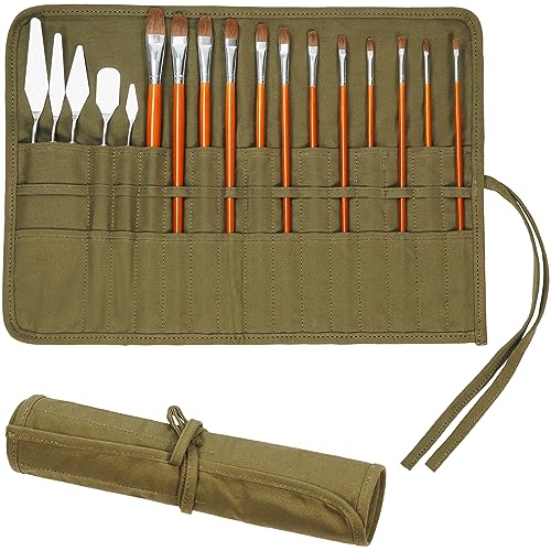 ECHSRT 30-Slot Canvas Paint Brush Holder Roll Up Case Organizer, Green | Fits acrylic, oil and watercolor brushes up to 12 in long; canvas brush roll for art class, studio and outdoor use - color: Army Green