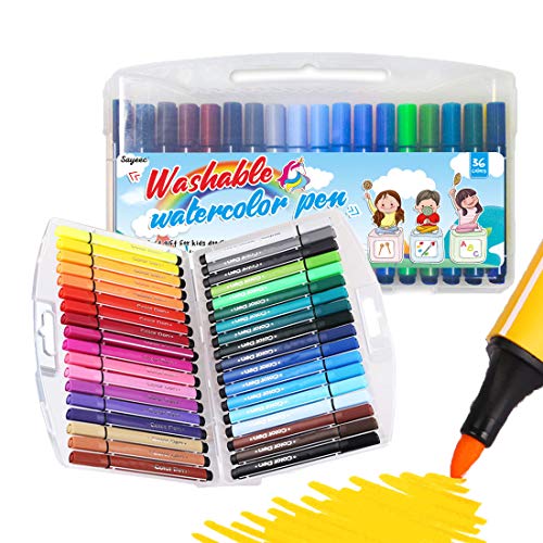 SAYEEC Washable Watercolor Markers, 36 Assorted Colors Coloring Pens Set, Medium Tip Art Drawing Pens Kit with Storage Case for Adult Coloring Books, Doodling, Manga, Comic, Calligraphy, Sketching - color: 36 Assoerted colors
