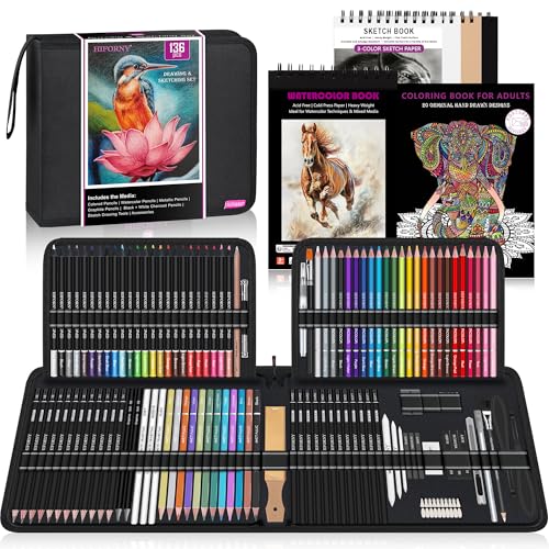 HIFORNY 136 PCS Drawing & Sketching Set,Pro Art Supplies with Graphite,Charcoal,Colored,Watercolor,Metallic Pencils,Blending Tools,Sketchbook,Watercolor Book and Coloring Book in Zipper Case (Black) - color: Black