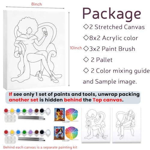 VALLSIP 2 Pack Paint and Sip Canvas Painting Kit Pre Drawn Canvas for Painting for Adults Stretched Canvas Couples Games Date Night Afro Elegant Gentleman and Lady Couple Paint Party Supplies Favor - style: Painting Kit