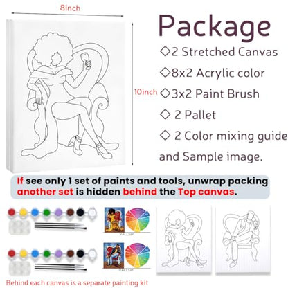 VALLSIP 2 Pack Paint and Sip Canvas Painting Kit Pre Drawn Canvas for Painting for Adults Stretched Canvas Couples Games Date Night Afro Elegant Gentleman and Lady Couple Paint Party Supplies Favor - style: Painting Kit