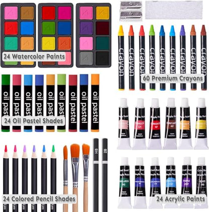 Deluxe Art Set with 2 Drawing Pads, Crayons, Acrylic Paints, Colored Pencils Set in Wooden Case, Professional Art Kit for Adults, Artist and Teens, Paint Supplies