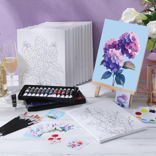 Engrowtic 12 Pcs 8 x 10'' Flower Pre Drawn Canvas to Paint Pre Printed Sketched Canvas for Adult Ladies Paint Art Party Favor Board Set for Craft(Fresh Style) - style: Fresh Style