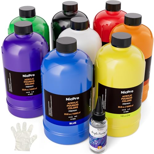 Nicpro 8 Colors Large Bulk Acrylic Pour Paint Set (33.8 oz, 1000 ml) Premixed High Flow Art Pouring Paint Supplies Kit with Silicone Pour Oil, Gloves for Beginner Cell Creation Flow DIY, Ready to Pour - color: 8 Colors, size: 33.8 Fl Oz (Pack of 8)