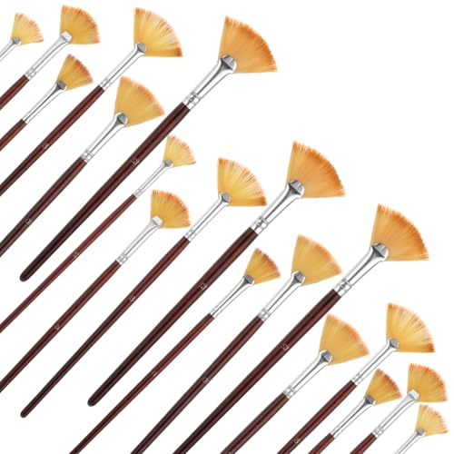COMNICO 42 Pcs Fan Paint Brushes, Professional Artist Painting Brush Set Soft Nylon Hair Brush Long Wooden Handle for Artists Acrylic Watercolor Oil Painting