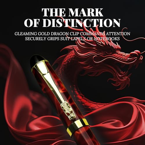 YUNCHUN Red Dragon Fountain Pen for Writing, Refillable Luxury Metal Pens, Fancy Ink Pen with 10 Black and 10 Blue Ink Refills, Gift Sets for Men and Women, Business Writing Pen with Marble Grain - color: Red Marble Grain