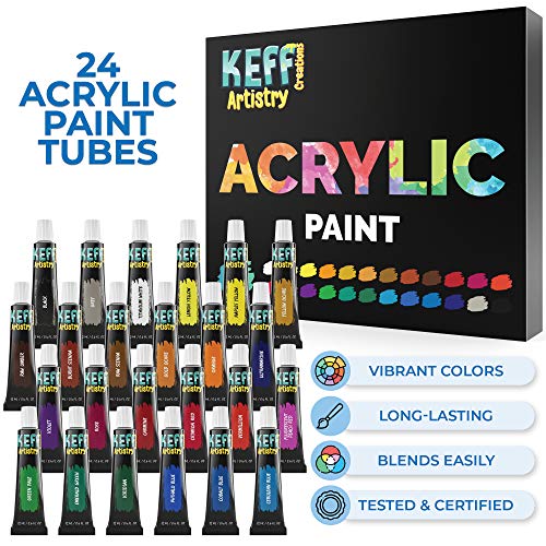 KEFF Creations Acrylic Paint Brush Set, 15 Premium Artist Brushes Kit, 24 Acrylic Paint Set, Paintbrush kit for Canvas, Wood, Fabric, Great Paint Supplies Set for Adults and Kids