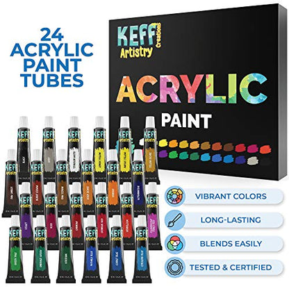 KEFF Creations Acrylic Paint Brush Set, 15 Premium Artist Brushes Kit, 24 Acrylic Paint Set, Paintbrush kit for Canvas, Wood, Fabric, Great Paint Supplies Set for Adults and Kids