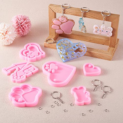 Craftdady 6pcs Keychain Pendant Resin Casting Molds Heart Bone Dog Paw Print Charms Silicone Molds with 12pcs Key Rings, 20pcs Jump Rings for Resin Casting DIY Keychain Jewelry Craft - color: Pink,Keychain,6pcs