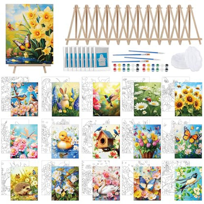 Tenceur 16 Sets Pre Drawn Canvas to Paint for Sip and Paint Party, 8 x 10 Inch Preprinted Framed Pre Sketched Coloring Canvas with Easels and Brushes for Adults Party Supplies(Garden) - style: Garden