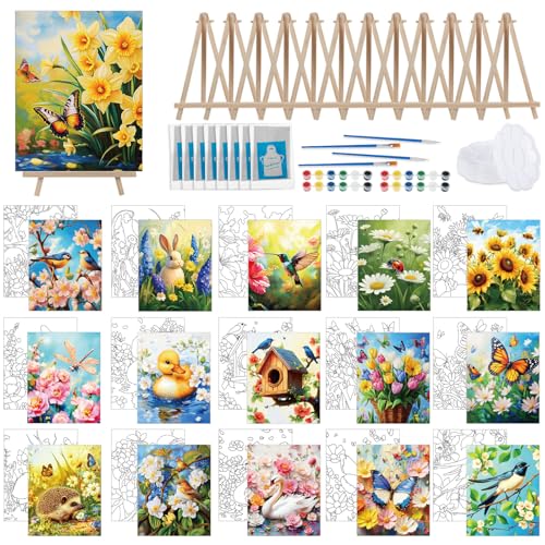Tenceur 16 Sets Pre Drawn Canvas to Paint for Sip and Paint Party, 8 x 10 Inch Preprinted Framed Pre Sketched Coloring Canvas with Easels and Brushes for Adults Party Supplies(Garden) - style: Garden