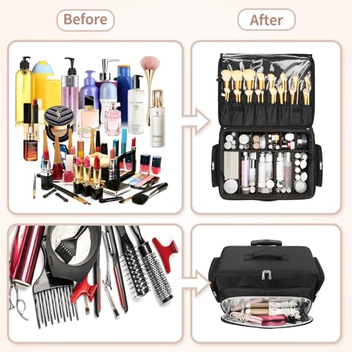 Bagmoly Rolling Makeup Case with 8 Removable Makeup Bags, Makeup Train Case on Wheels Cosmetology Case, Professional Makeup Artist Set Bags Trolley Suitcase Makeup Cart with Adjustable Dividers - color: 03-Black with 8 clear makeup bags