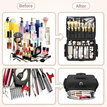 Bagmoly Rolling Makeup Case with 8 Removable Makeup Bags, Makeup Train Case on Wheels Cosmetology Case, Professional Makeup Artist Set Bags Trolley Suitcase Makeup Cart with Adjustable Dividers - color: 03-Black with 8 clear makeup bags