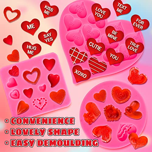 Whaline 3Pcs Valentine's Day Fondant Molds Conversation Heart Pattern 3D Silicone Mould Love You XOXO Letter Cupcake Cookie Decorating Baking Mold for Wedding Anniversary Mother's Day DIY Candy - style: Heart