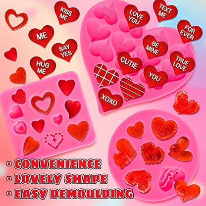 Whaline 3Pcs Valentine's Day Fondant Molds Conversation Heart Pattern 3D Silicone Mould Love You XOXO Letter Cupcake Cookie Decorating Baking Mold for Wedding Anniversary Mother's Day DIY Candy - style: Heart