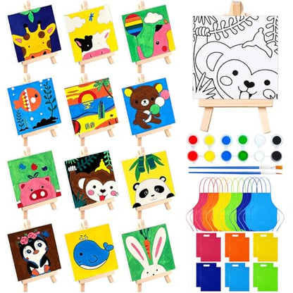 48PCS 12 Sets Printed Canvas Paint Art 12 Pcs Wooden Easel Set Paint Pots and Brushes and 12 Pre Drawn Canvas Panel 12 Pcs Mini Apron and Tote Bag for Kids(Dainty) - style: Dainty