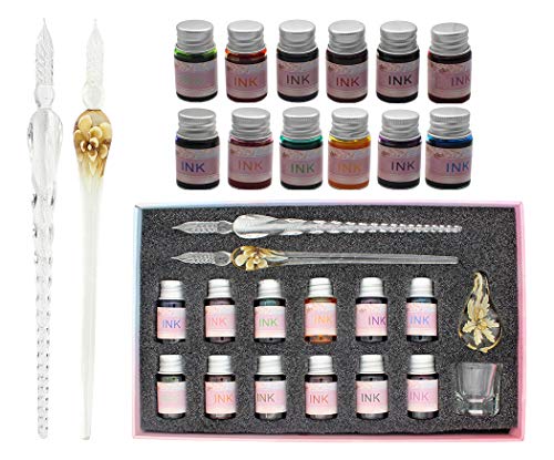 XIAOYU Glass Dip Pen Ink Set, 16 Pieces Calligraphy Pens Set - 12 Colorful Inks, Pen Holder, Cleaning Cup, 2 Crystal Glass Pens for Writing, Signature - Yellow - color: Yellow