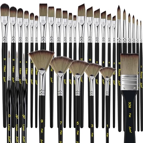 Bougimal 33 Pcs Paint Brush Set, Artist Paint Brushes for Acrylic Painting, Oil, Watercolor, Gouache, with Flat Round Filbert Fan Angle Detail Brush, Suitable for Artists and Beginners (Black) - color: Black