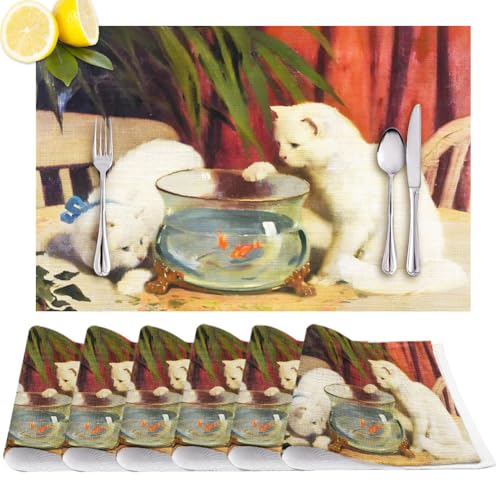 Cute Cats Animal Red Placemats Set of 6 by Oil Painting, PVC Vinyl Heat Resistant Place Mat Non-Slip Washable Durable for Kitchen Dining Coffer Holiday Table Vintage Art Decor - 18"x12" - color: Cute Cats Animal
