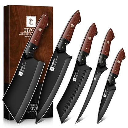 TIVOLI Kitchen Knife Set 5pcs - Chef Knife Set with Full Tang Wooden Handle - Cleaver, Boning, Fillet, Santoku, Kitchen Utility Knives - Cooking Gifts for Men and Women - size: 8.1