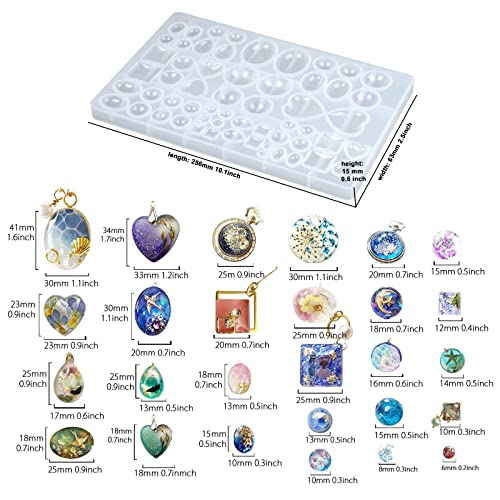 FUNSHOWCASE Cabochon Gem Jewelry Silicone Mold Oval Teardrop Square Heart Round Shapes, for Polymer Clay, Crafting, Resin Epoxy, Pendant Earrings Making, Large