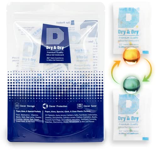 Dry & Dry 5 Gram [60 Packets] Orange Indicating Silica Gel Packets Desiccants Silica Packets - Rechargeable Moisture Absorbers for Food Storage, Electronics, 3D Filament & Safes - size: 5 Gram